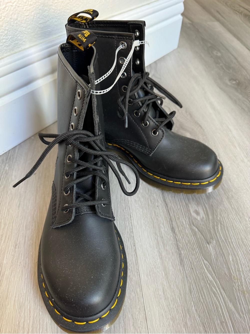 Dr. Martens Black Leather Lace-Up Boots with Yellow Stitching size 8 new